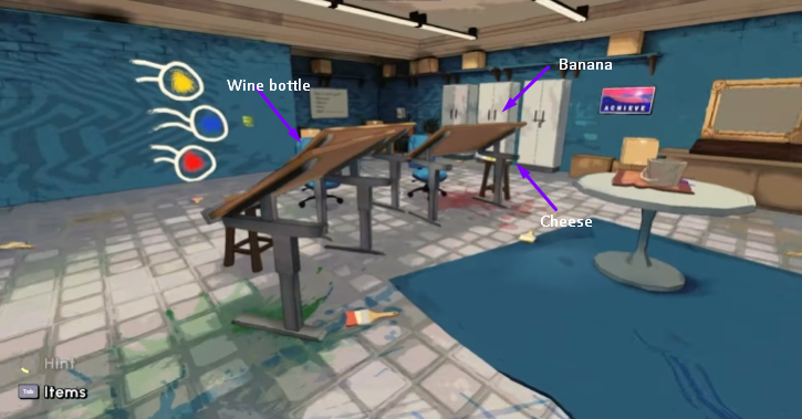 Escape Academy Escape Artist Solution: Collect wine bottle, cheese and banana.